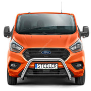 Front view of an orange Ford Transit van with a black front grille, silver bull bar, and a license plate reading STEELER, isolated on a white background.